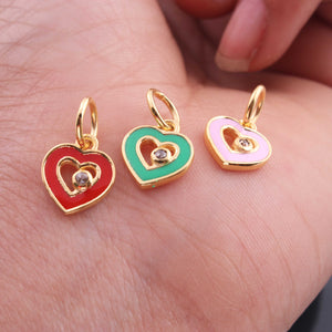 1 Pc Pave Diamond Enamel Heart Pendant, Yellow Gold Vermeil, 12mmx10mm Bakelite Pendant in 10 Colors, You Choose PDC00166