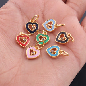 1 Pc Pave Diamond Enamel Heart Pendant, Yellow Gold Vermeil, 12mmx10mm Bakelite Pendant in 10 Colors, You Choose PDC00166