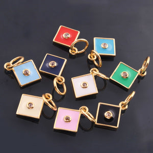 1 Pc Pave Diamond Enamel Square Pendant, Yellow Gold Vermeil, 12mmx10mm Bakelite Pendant in 10 Colors, You Choose PDC00161