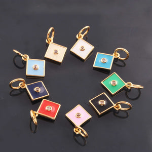 1 Pc Pave Diamond Enamel Square Pendant, Yellow Gold Vermeil, 12mmx10mm Bakelite Pendant in 10 Colors, You Choose PDC00161