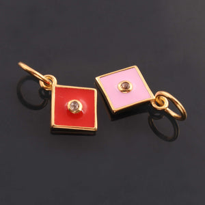 1 Pc Pave Diamond Enamel Square Pendant, Yellow Gold Vermeil, 12mmx10mm Bakelite Pendant in 10 Colors, You Choose PDC00161