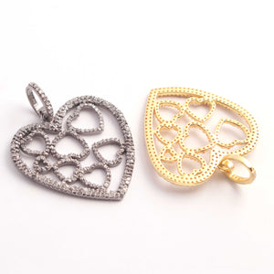 1 PC Antique Finish Pave Diamond Designer Heart Pendant - 925 Sterling Silver & Yellow Gold Vermeil Pendant 37mmx29mm PD1878 - Tucson Beads