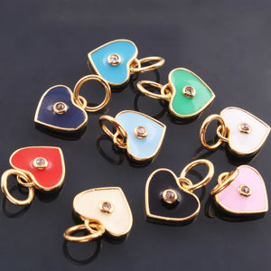 1 Pc Pave Diamond Enamel Heart Pendant, Yellow Gold Vermeil, 12mmx10mm Bakelite Pendant in 10 Colors, You Choose PDC00164