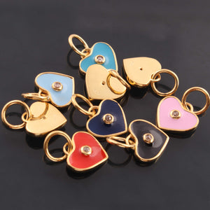 1 Pc Pave Diamond Enamel Heart Pendant, Yellow Gold Vermeil, 12mmx10mm Bakelite Pendant in 10 Colors, You Choose PDC00164