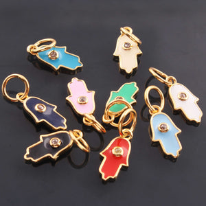 1 Pc Pave Diamond Enamel Hamsa Pendant, Yellow Gold Vermeil, 15mmx6mm Bakelite Pendant in 10 Colors, You Choose PDC00159