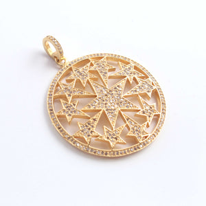 1 PC Pave Diamond Designer Round With Star Pendant - 925 Sterling Silver & Yellow Gold Vermeil Pendant 30mmx34mm PD1884 - Tucson Beads