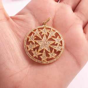 1 PC Pave Diamond Designer Round With Star Pendant - 925 Sterling Silver & Yellow Gold Vermeil Pendant 30mmx34mm PD1884 - Tucson Beads