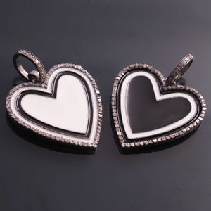 1 Pc Pave Diamond Black & White Bakelite Heart 925 Sterling Silver Pendant- 33mmx25mm PDC1890 - Tucson Beads