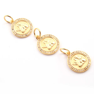 1 PC Antique Finish Pave Diamond Designer Round Pendant - Yellow Gold Vermeil Pendant 20mm PDC00060 - Tucson Beads