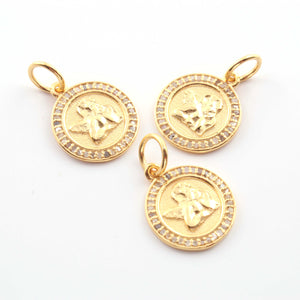 1 PC Antique Finish Pave Diamond Designer Round Pendant - Yellow Gold Vermeil Pendant 20mm PDC00060 - Tucson Beads