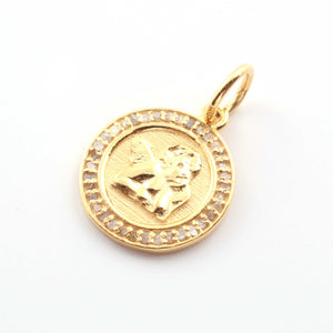 1 PC Antique Finish Pave Diamond Designer Round Pendant - Yellow Gold Vermeil Pendant 20mm PDC00060 - Tucson Beads