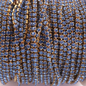 5 FEET Crystal Blue Zircon Rhinestone Chain, Raw Brass - 24k Gold Plated chain per foot BD1135