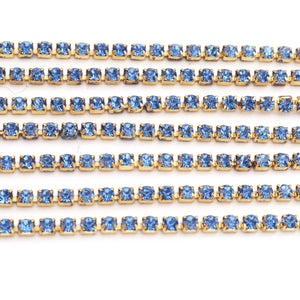 5 FEET Crystal Blue Zircon Rhinestone Chain, Raw Brass - 24k Gold Plated chain per foot BD1135