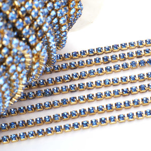 5 FEET Crystal Blue Zircon Rhinestone Chain, Raw Brass - 24k Gold Plated chain per foot BD1135