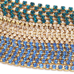 5 FEET Crystal Blue Zircon Rhinestone Chain, Raw Brass - 24k Gold Plated chain per foot BD1135