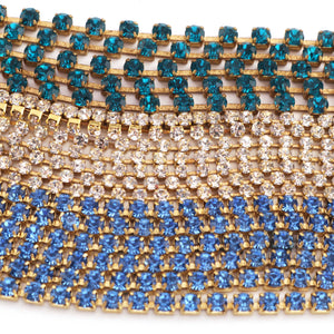 5 FEET Crystal Blue Zircon Rhinestone Chain, Raw Brass - 24k Gold Plated chain per foot BD1135