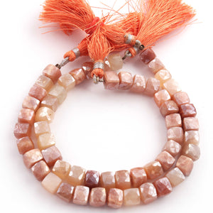 1 Strand Peach Moonstone Silver Coated Faceted Cube Briolettes- 7mm-8mm 8Inches BR1916