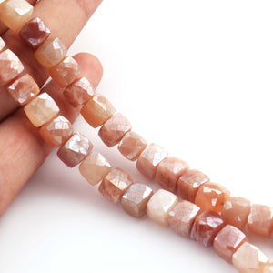 1 Strand Peach Moonstone Silver Coated Faceted Cube Briolettes- 7mm-8mm 8Inches BR1916