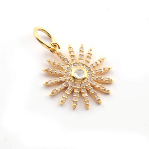 1 Pc Pave Diamond Sun With Rainbow Moonstone Pendant, Designer Charm, Yellow Gold Vermeil , Pave Diamond Jewelry 18mmx16mm PDC00179 - Tucson Beads