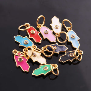 1 Pc Pave Diamond Enamel Hamsa Pendant, Yellow Gold Vermeil, 15mmx6mm Bakelite Pendant in 10 Colors, You Choose PDC00159