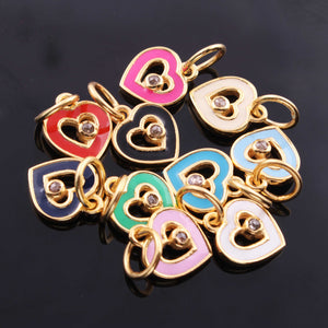 1 Pc Pave Diamond Enamel Heart Pendant, Yellow Gold Vermeil, 12mmx10mm Bakelite Pendant in 10 Colors, You Choose PDC00166