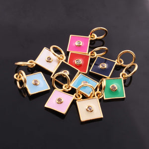 1 Pc Pave Diamond Enamel Square Pendant, Yellow Gold Vermeil, 12mmx10mm Bakelite Pendant in 10 Colors, You Choose PDC00161