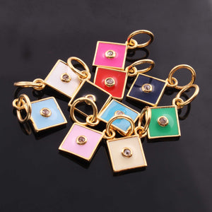 1 Pc Pave Diamond Enamel Square Pendant, Yellow Gold Vermeil, 12mmx10mm Bakelite Pendant in 10 Colors, You Choose PDC00161