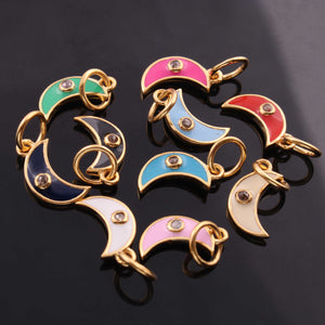 1 Pc Pave Diamond Enamel Moon Pendant, Yellow Gold Vermeil, 16mmx4mm Bakelite Pendant in 10 Colors, You Choose PDC00168