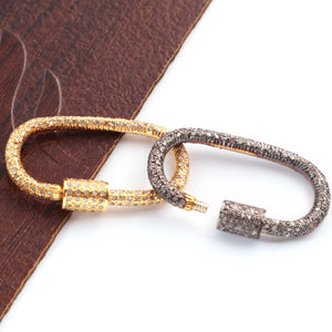 1 Pc Pave Diamond Designer 925 Sterling Vermeil & Yellow Gold Vermeil Carabiner - Diamond Lock with Screw On Mechanism 29mmx17mm PDC00451 - Tucson Beads