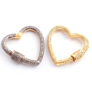 1 Pc Pave Diamond Heart 925 Sterling Vermeil & Yellow Gold Vermeil Carabiner - Diamond Lock with Screw On Mechanism 29mm PDC00453 - Tucson Beads