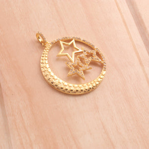 1 Pc Pave Diamond Round With Star Pendant - 925 Sterling Silver , Yellow & Rose Gold Vermeil -Diamond Pendant 42mmx30mm PD1820