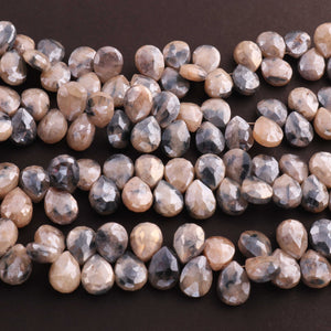 1 Strand Gray Moonstone Silver Coated Faceted Pear Drop Beads - Pear Shape Briolettes 9mmx8mm-10mmx8mm 8 Inches BR4178