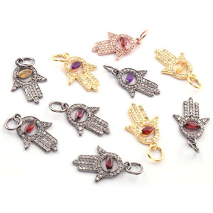 1 Pc Pave Diamond Multi Stone Hamsa 925 Sterling Silver, Rose & Yellow Gold Vermeil Pendant, Pave Diamond Jewelry 23mmx14mm PDC00082 - Tucson Beads