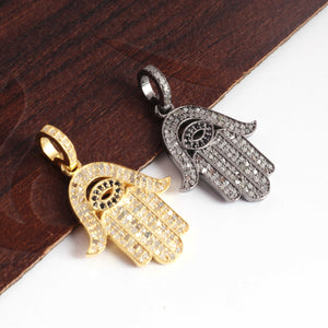 1 Pc Pave Diamond Pendant, Hamsa  With Black Spinel Evil Eye Charm Pendant, 925 Sterling Silver,,Yellow Gold Vermeil , 25mmX11mm  PDC0367 - Tucson Beads