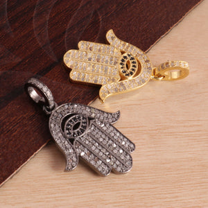 1 Pc Pave Diamond Pendant, Hamsa  With Black Spinel Evil Eye Charm Pendant, 925 Sterling Silver,,Yellow Gold Vermeil , 25mmX11mm  PDC0367 - Tucson Beads