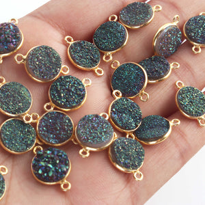 9 Pcs Mystic Green Druzy Round 925 Sterling Vermeil Double Bail Connector 19mm-12mm SS198 - Tucson Beads