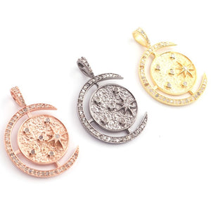 1 Pc Pave Diamond Star With Moon 925 Sterling Silver & Vermeil, Yellow & Rose Gold Vermeil Pendant - Moon Charm Pendant 34mmx26mm PDC00477 - Tucson Beads