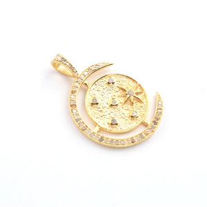 1 Pc Pave Diamond Star With Moon 925 Sterling Silver & Vermeil, Yellow & Rose Gold Vermeil Pendant - Moon Charm Pendant 34mmx26mm PDC00477 - Tucson Beads