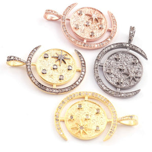 1 Pc Pave Diamond Star With Moon 925 Sterling Silver & Vermeil, Yellow & Rose Gold Vermeil Pendant - Moon Charm Pendant 34mmx26mm PDC00477 - Tucson Beads