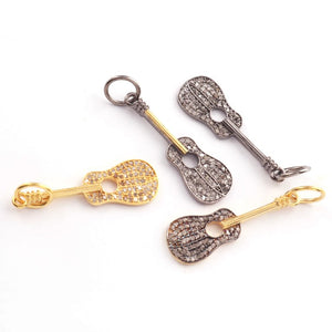 1 Pc Antique Finish Pave Diamond Guitar Pendant - 925 Sterling Silver & Vermeil / Yellow Gold Vermeil- Diamond Pendant 32mmx11mm PDC00476 - Tucson Beads