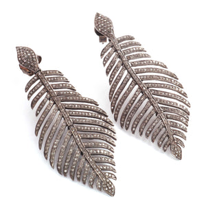 1 Pair Of Extremely Beautiful Pave Diamond Leaf Earrings - 925 Sterling Silver Feather Earrings 55mmx29mm-14mmx7mm ED168