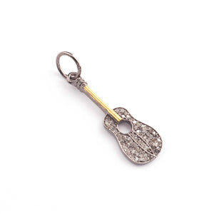 1 Pc Antique Finish Pave Diamond Guitar Pendant - 925 Sterling Silver & Vermeil / Yellow Gold Vermeil- Diamond Pendant 32mmx11mm PDC00476 - Tucson Beads