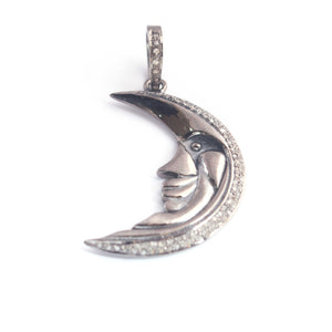 1 PC Pave Diamond Face Crescent Moon Charm Over 925 Sterling Silver & Yellow Gold Vermeil Diamond Pendant - 35mmX19mm PD135