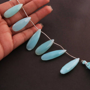 1 Long Strand  Blue Aqua Chalcedony Faceted Briolettes - Pear Shape   Briolettes -  39mmx11mm-32mmx14mm 7 Inches BR2711 - Tucson Beads