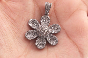 1 PC Beautiful Pave Diamond Flower Charm 925 Sterling Silver - Pave Diamond Flower Pendant - 27mmx24mm PD1019