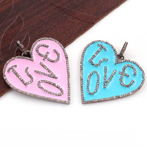 1 Pc Pave Diamond Bakelite Turquoise & Pink Heart  "LOVE" Pendant Over 925 Sterling Silver - Enamel Heart Pendant 35mmx33mm PD1780