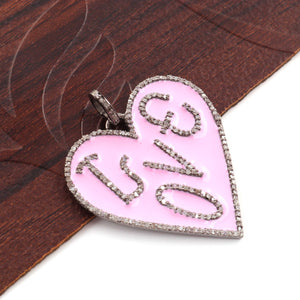 1 Pc Pave Diamond Bakelite Turquoise & Pink Heart  "LOVE" Pendant Over 925 Sterling Silver - Enamel Heart Pendant 35mmx33mm PD1780