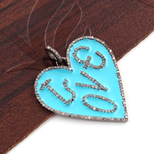 1 Pc Pave Diamond Bakelite Turquoise & Pink Heart  "LOVE" Pendant Over 925 Sterling Silver - Enamel Heart Pendant 35mmx33mm PD1780