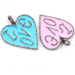 1 Pc Pave Diamond Bakelite Turquoise & Pink Heart  "LOVE" Pendant Over 925 Sterling Silver - Enamel Heart Pendant 35mmx33mm PD1780