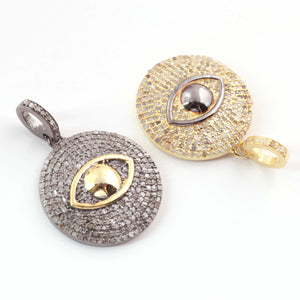 1 Pc Pave Diamond Evil Eye with Round Charm Pendant - 925 Sterling Silver & Yellow Gold Vermeil-Evil Eye with Round Pendant 22mmx20mm PD1744 - Tucson Beads